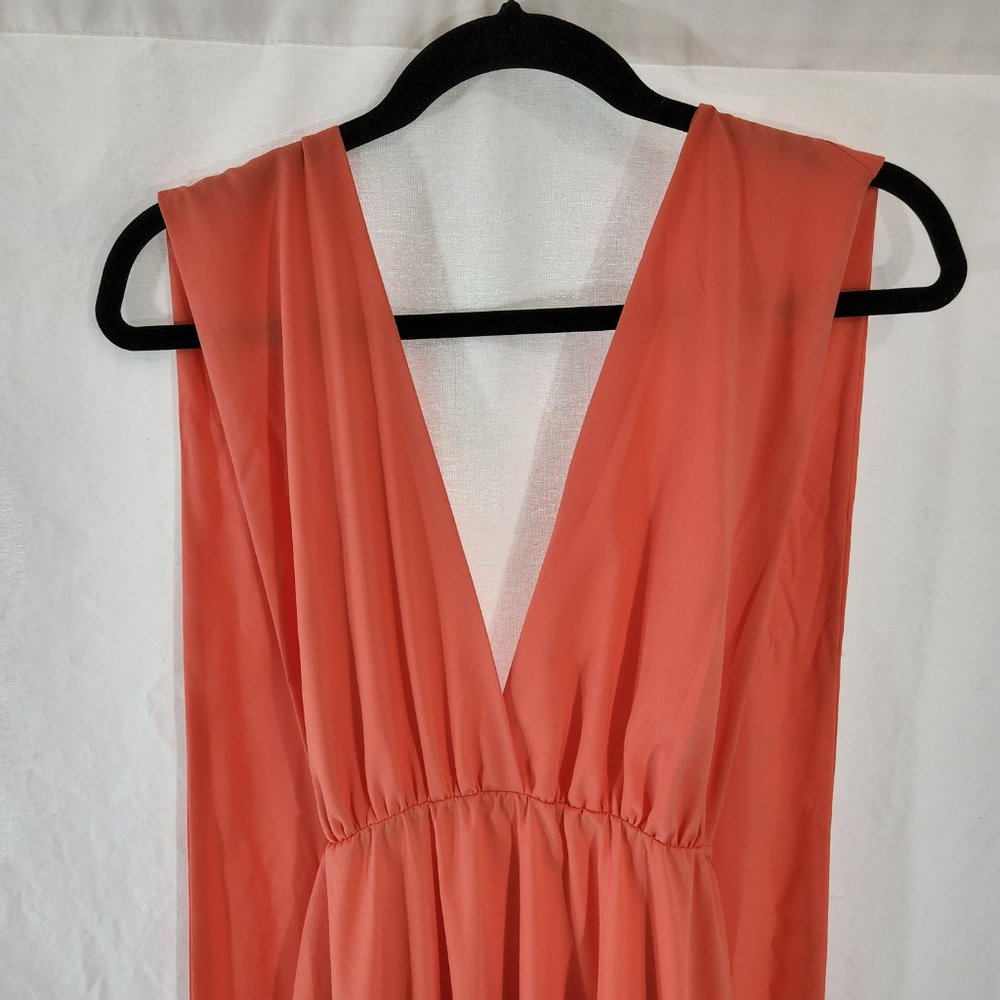 V-Neckline Long Prom Dress  by Studio F Size 8 Coral Color 85% Poly. Worn Once! - Picture 5 of 16